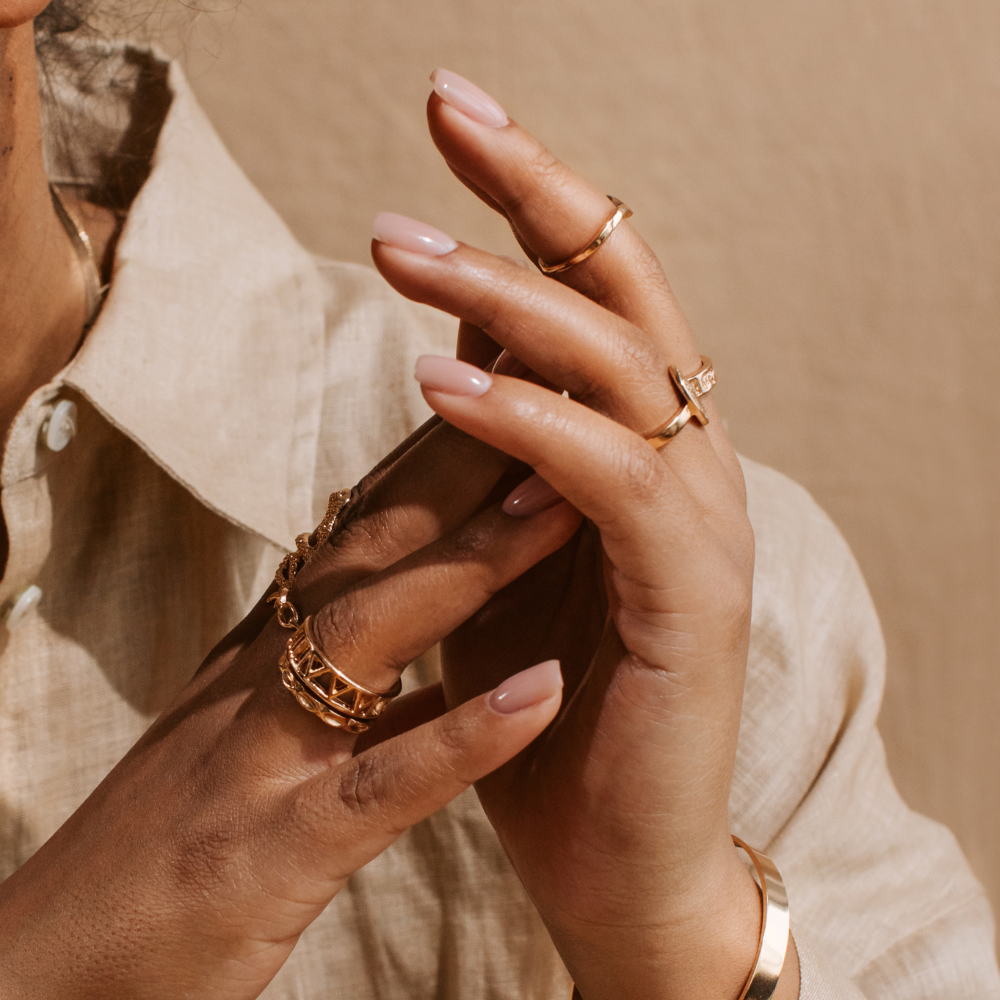 Woman wearing rings and bracelet
